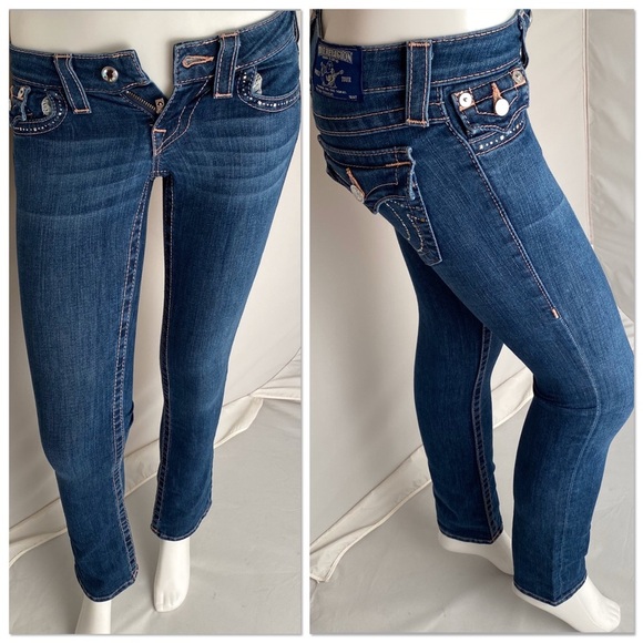 True Religion medium wash rose stitch straight jeans with crystal back pockets - Picture 2 of 16